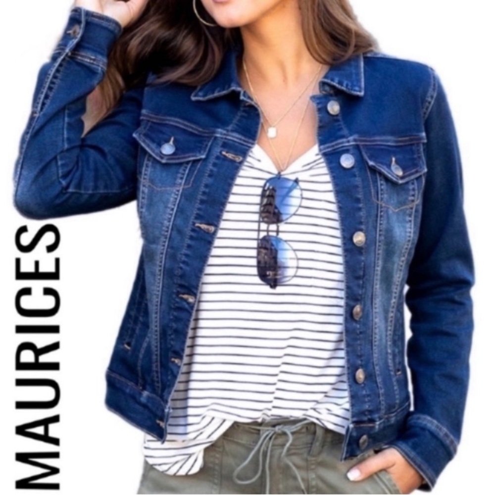 Maurices Size M Women’s Cropped Denim Jean Jacket Long Sleeve Blue Dark